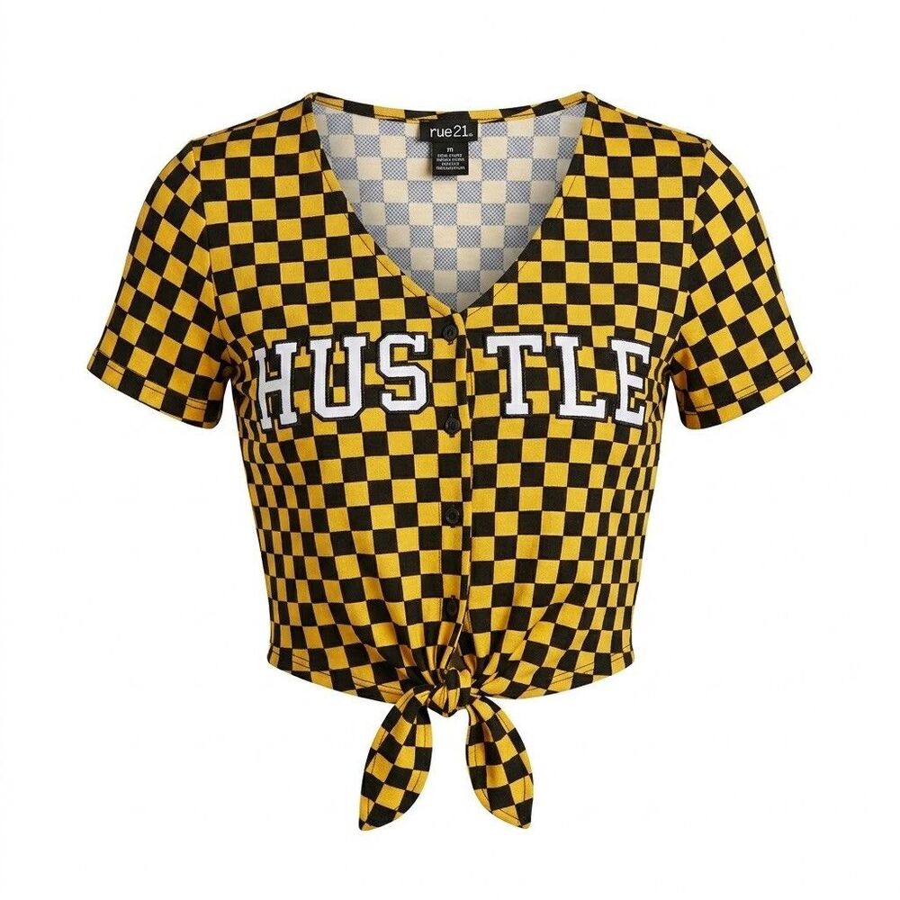 rue21 Hustle Yellow and Black Checkered Crop Top Tie Front XS Rockabilly